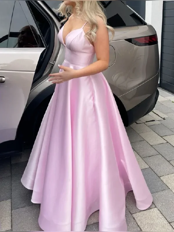 Pink V Neck A Line Party Dress Satin Long Prom Dress cc2275 Tunics Chic elegant