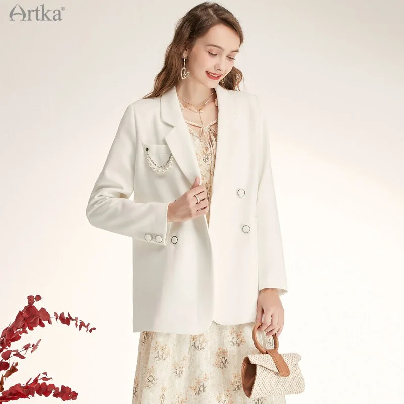 ARTKA 2022 Autumn Women Blazers Elegant OL Style Blazer Jacket Coat Casual Double-breasted White Blazer WA29011Q Collared Jacket Crew Neck Jacket Turtle Neck Jacket