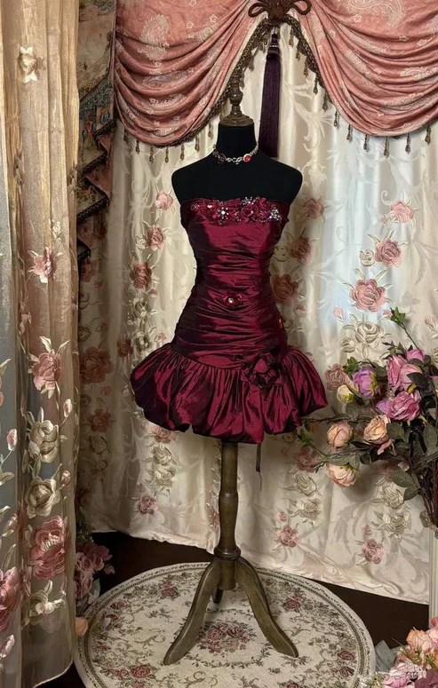Wine Red Strapless Sheath Satin Vintage Cocktail Dress Mini Party Dress, DP4267 Tunics Long Elegant