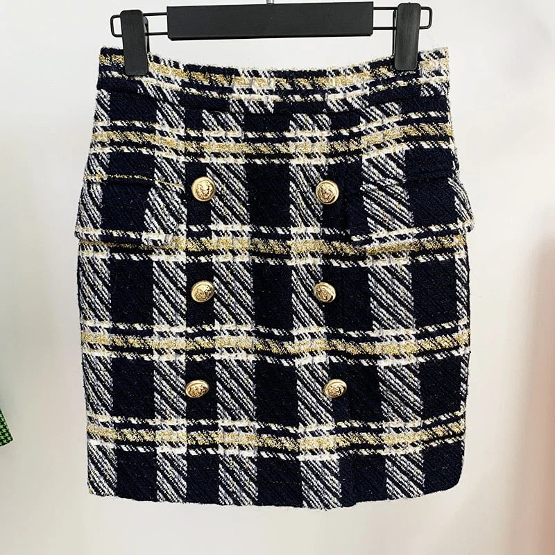 Plaid Skirt Women 2022 Metal Lion Button Woolen Casual Work Mini Pencil Skirt and Blazer Jacket Set Skirt Suit Ribbed Jacket Pleated Jacket Ruffled Jacket