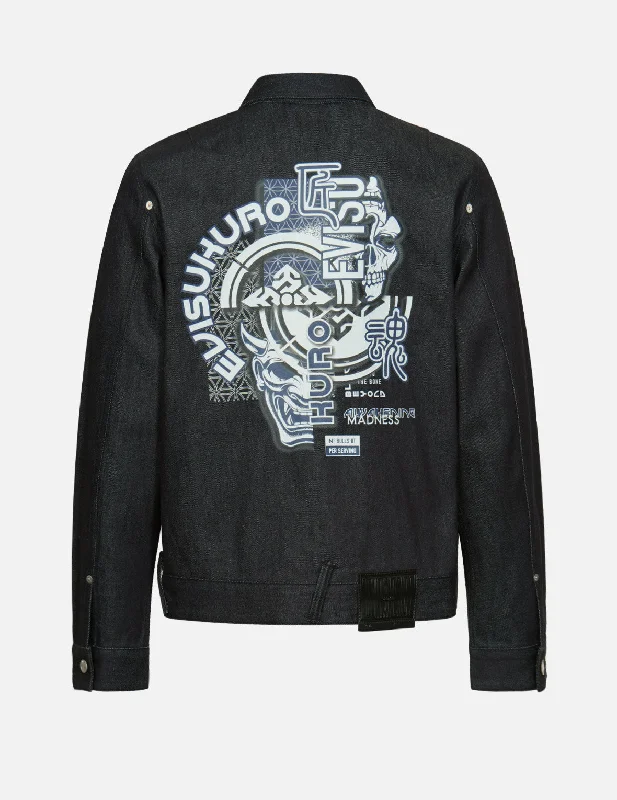 Hannya and Kamon Collage Print Denim Jacket Mesh Jacket Canvas Jacket Denim Jacket