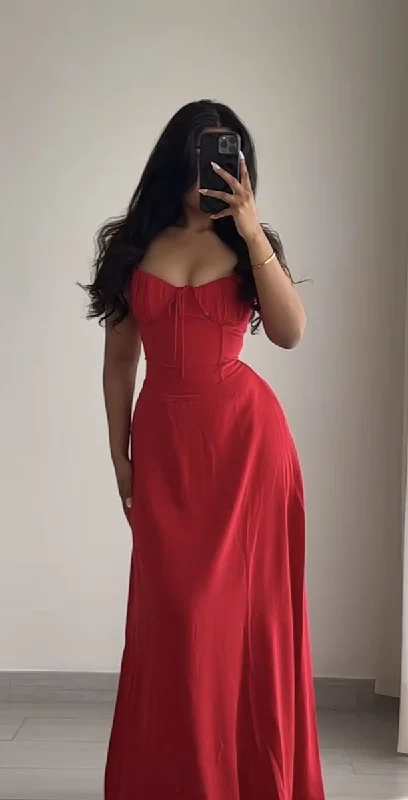 Red A-Line Straps Long Party Dress Wedding Guest Dress, DP4251 Tunics Lace romantic