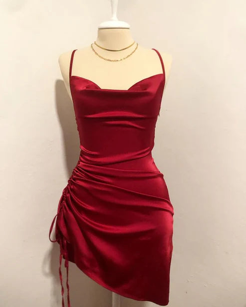 Wine Red Straps Sheath Satin Short Party Dress Homecoming Dress, DP4104 A-Line Day Work
