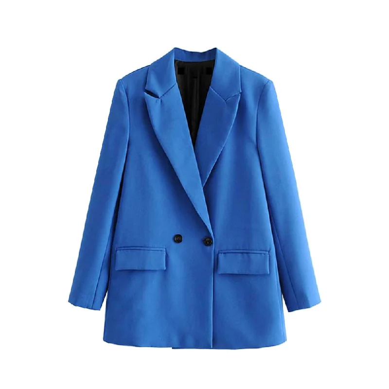 ZA 2022 blue Double Breasted Blazer women blazer femenino Notched Collar Long Sleeve suit jacket  casual office Outerwear Lace Jacket Ribbed Jacket Sequined Jacket