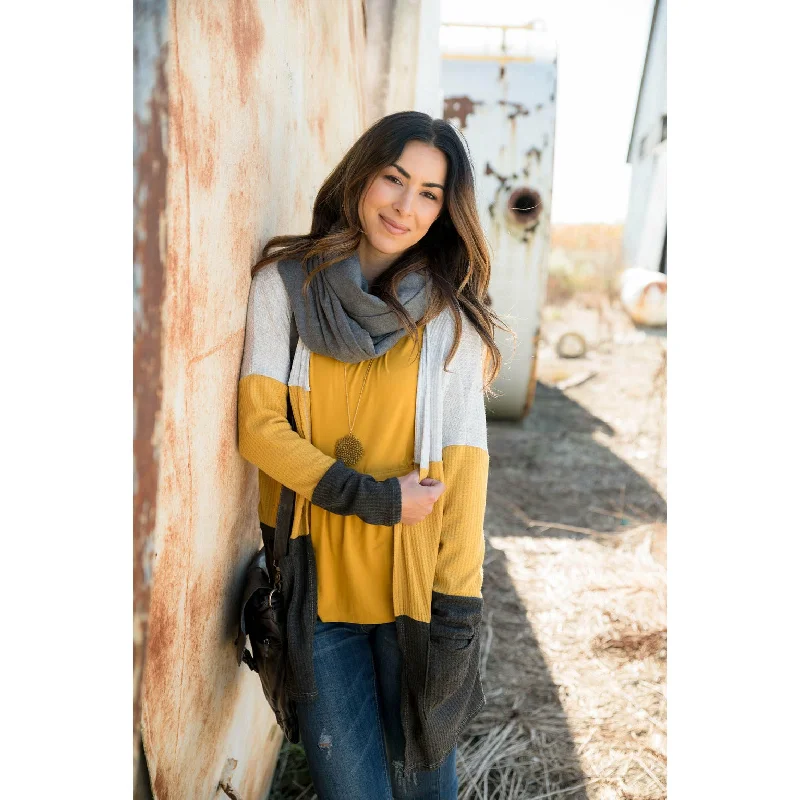 Mustard/Grey Blocked Cardigan Striped Floral Plaid