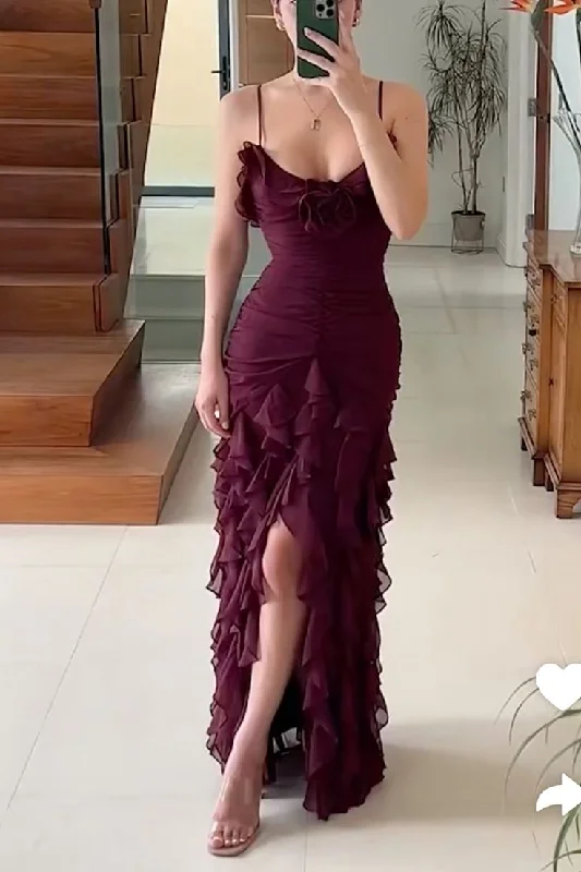 Dark Purple Straps Ruffles Sheath Long Party Dress Wedding Guest Dress, DP4040 Tunics Custom made