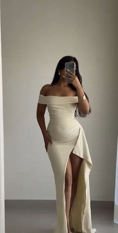 Ivory Off Shoulder Ruffle Split Long Party Dress Elegant Prom Dress, DP4438 Tunics Trendy modern Ivory Off Shoulder Ruffle Split Long Party Dress Elegant Prom Dress, DP4438 Tunics Trendy modern