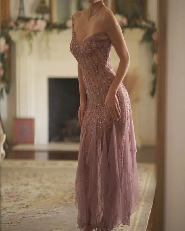 Vintage Blush Pink Chiffon Beading Prom Dress Sexy Party Dress cc1592 Tunics Designer luxury