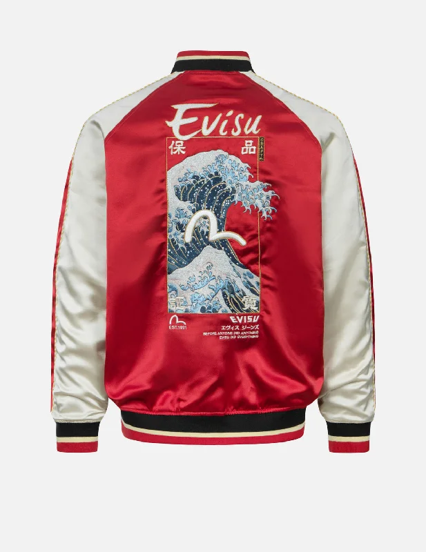 Seagull and The Great Wave Embroidery Reversible Loose Fit Souvenir Jacket Faux Fur Fabric Real Fur Fabric Shearling Fabric Seagull and The Great Wave Embroidery Reversible Loose Fit Souvenir Jacket Faux Fur Fabric Real Fur Fabric Shearling Fabric