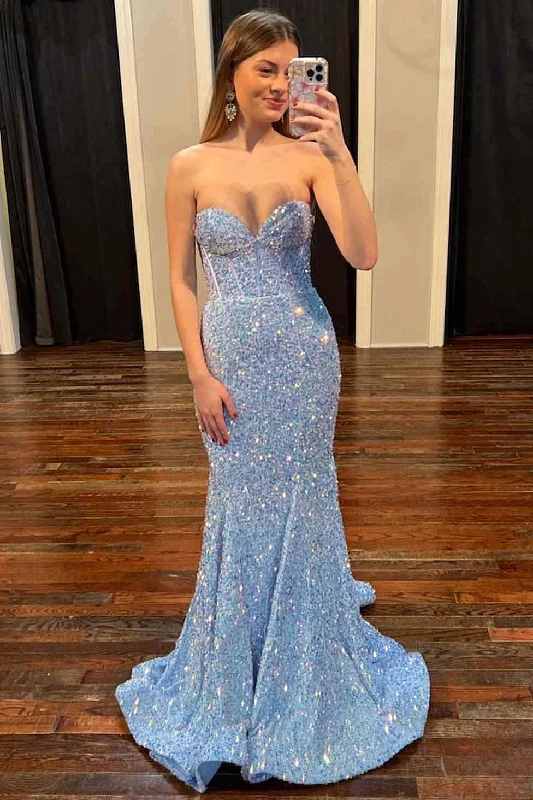 Sparkly Strapless Sweetheart Sequins Mermaid Prom Party Dress Tunics stripes playful