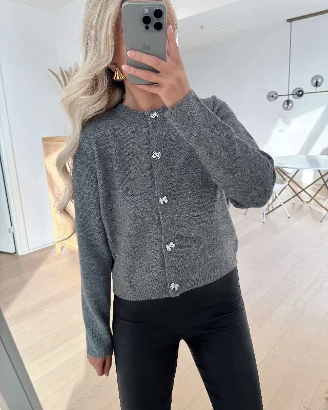 Vero Moda cardigan fiona ls short button medium grey melange/melange w. bow button Soft Cozy Warm