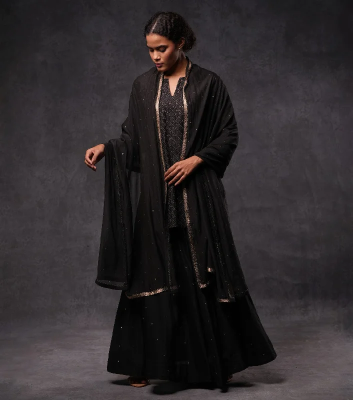 Black Hand Embroidered Cotton Silk Short Kurti Set with Skirt & Dupatta satin skirt smooth