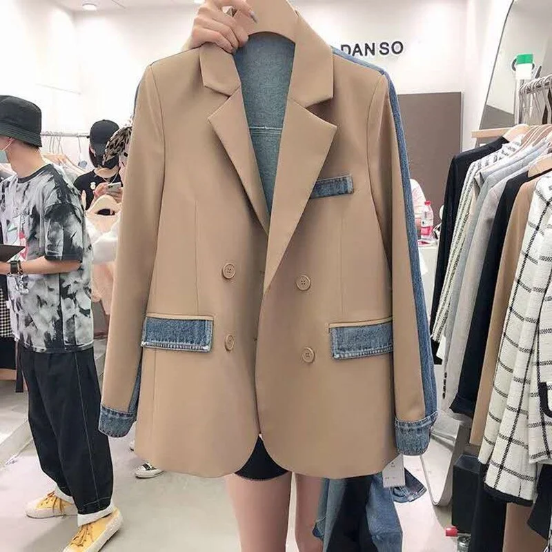 2022 Spring Long-sleeved Denim Splicing Jacket Large Size Trend Ladies Casual Overcoat Khaki Blazer Suits Outwear Elasticated Jacket Padded Jacket Insulated Jacket