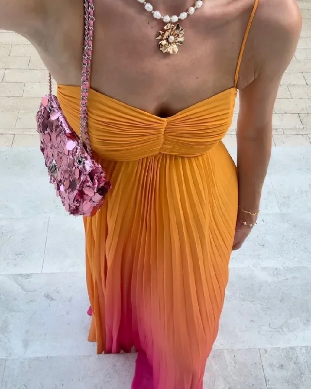Orange Spaghetti Straps A-Line Pleated Long Party Dress Wedding Guest Dress, DP4615 A-Line Day Work