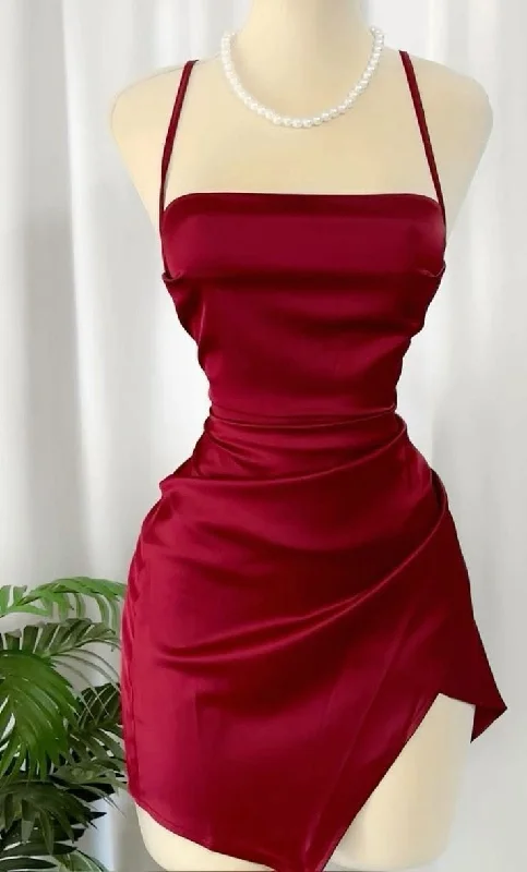 Wine Red Straps Sheath Satin Short Party Dress Homecoming Dress, DP4105 Peplum Ruffle Cocktail