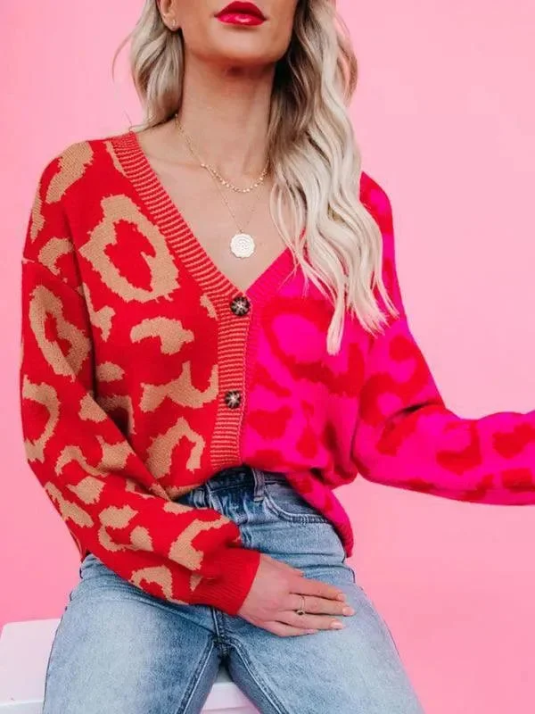 Street Style Leopard Print Oversized Knit Cardigan Sweater Elasticated Padded Insulated Street Style Leopard Print Oversized Knit Cardigan Sweater Elasticated Padded Insulated
