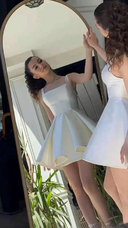 Simple White A Line Satin Homecoming Mini Party Dress cc1711 Tunics Satin smooth
