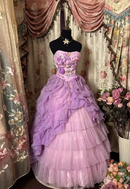 Lilac Strapless A-Line Appliques Tulle Long Party Dress Evening Ball Gown, DP4376 Tunics Chinos classic