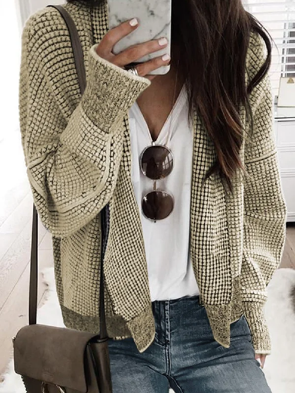Apricot Plaid Contrast Trim Open Front Cardigan - Chic Casual Luster Shift Cut Sweater Terry Blend Velvet Blend Canvas Blend