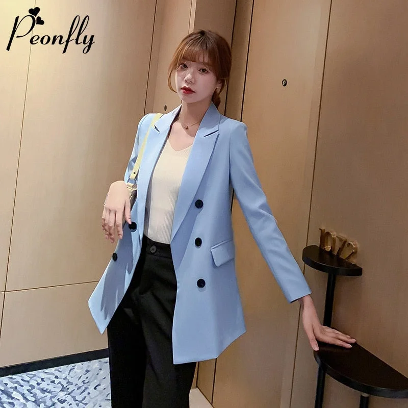 PEONFLY 2022 Spring Casual Double Breasted Women Jackets Notched Collar Blazer Female Outerwear Elegant Ladies Coat Blue Elasticated Jacket Padded Jacket Insulated Jacket