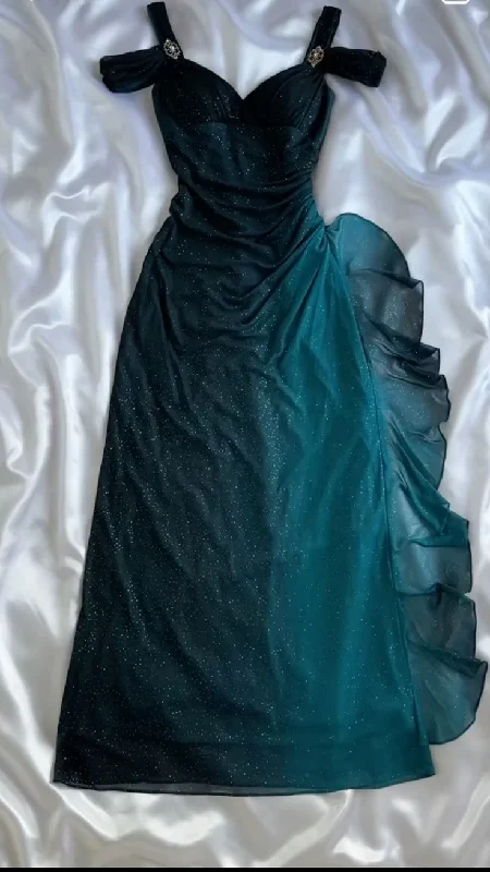 Vintage Ombre Straps Off Shoulder Ruffles Chiffon Long Party Dress, DP4380 Tunics Distressed trendy