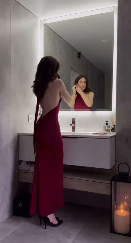 Charming Wine Red Halter Open Back Long Evening Party Dress, DP4041 Tunics Brand named