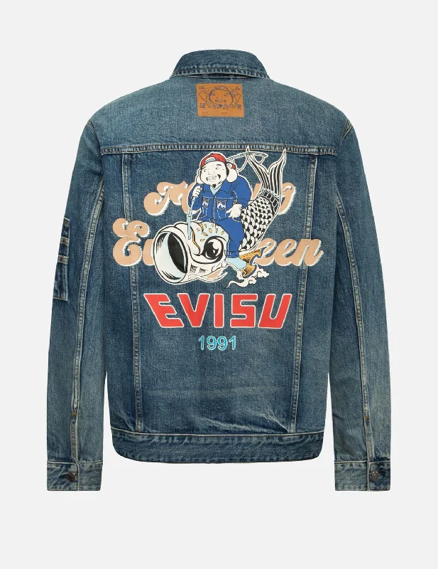 Seagull Embroidery 
Godhead Print Relax Fit Denim Jacket Tailored Jacket Straight Jacket A-Line Jacket