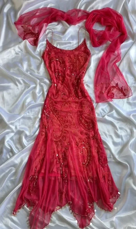 Luxurious Spaghetti Straps Beaded Red Party Dress Sexy Mermaid Chiffon Prom Dress cc1519 Tunics Solid Classic