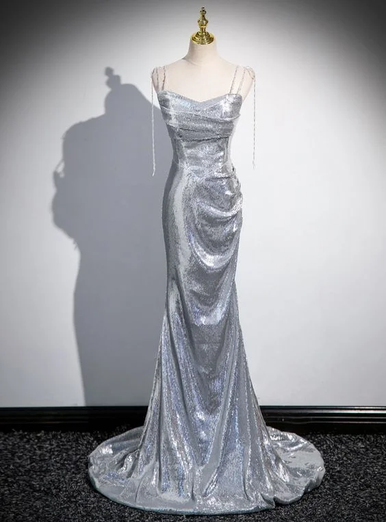 Charming Silver Mermaid Sequins Spaghetti Straps Pleated Prom Dress Long Party Dress  cc1556 Tunics Chic elegant