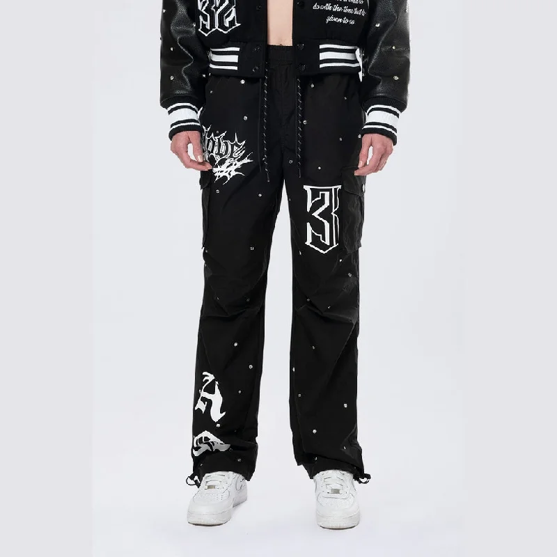 Slouched Straight Rhinestone Pants - Black Elegant Wool Trousers