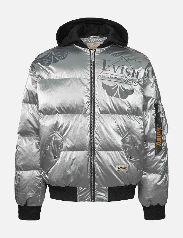 Logo and Kamon Print Bomber Down Jacket Ribbed Jacket Pleated Jacket Ruffled Jacket