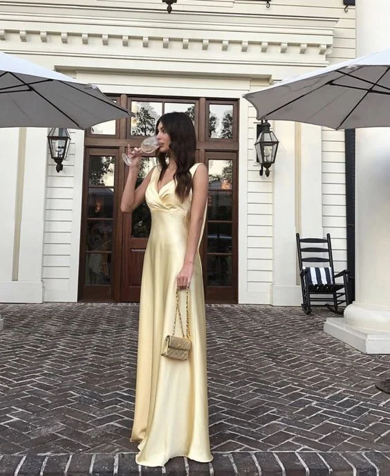 Classy A Line Yellow Satin Long Prom Dress Party Dress cc2199 Tunics Top Casual