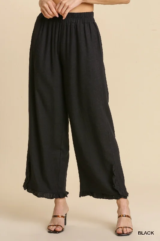 Umgee Black Linen Ruffle Pants Slim-Fit Leggings