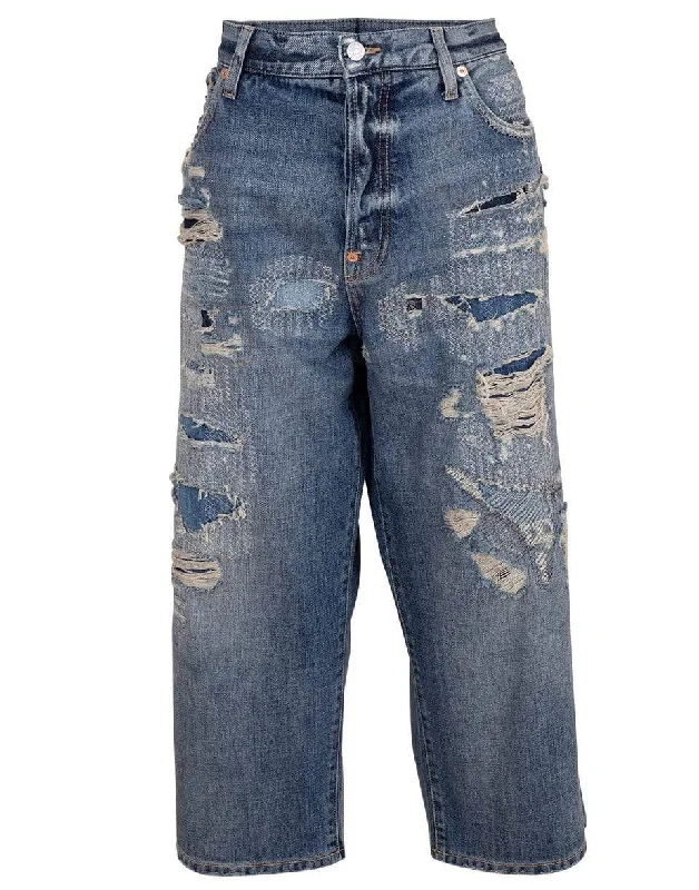 Distressed Baggy Cropped Denim Pant Casual Drawstring Pants