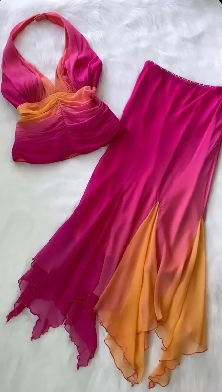 Fuchsia Halter Sheath Chiffon 2 Pieces Party Dress, DP4182 Tunics Handmade artisanal