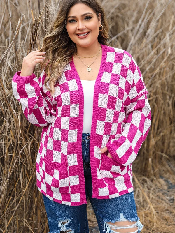 Bonbon Checkered Pattern Open Front Plus Size Cardigan Front Pockets Side Pockets Patch Pockets Bonbon Checkered Pattern Open Front Plus Size Cardigan Front Pockets Side Pockets Patch Pockets