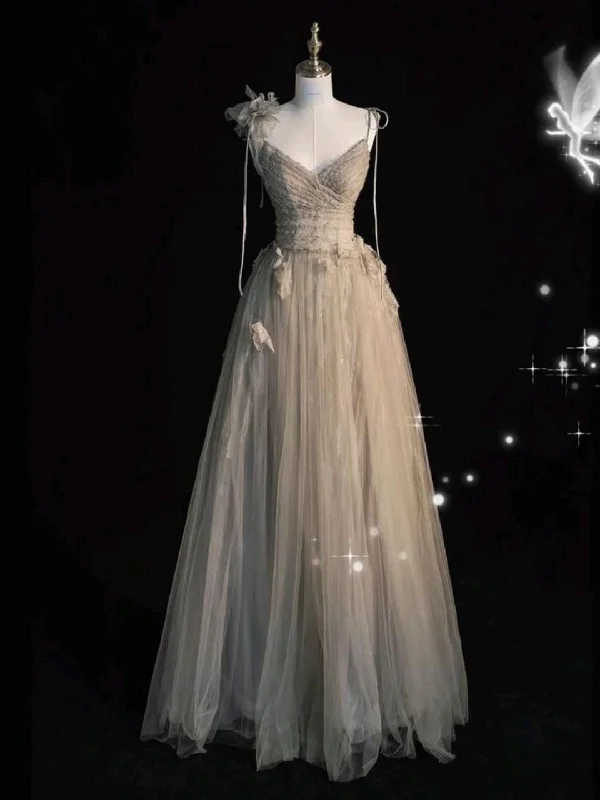 Grey Spaghetti Straps A-Line Tulle Long Formal Party Dress Prom Gown, DP4527 Halter Neckline Beach Grey Spaghetti Straps A-Line Tulle Long Formal Party Dress Prom Gown, DP4527 Halter Neckline Beach