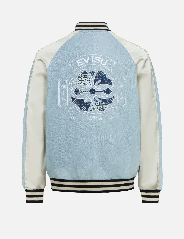 Kamon Brocade Appliqué Relax Fit Denim Souvenir Jacket Trench Coat Raincoat Waterproof Jacket