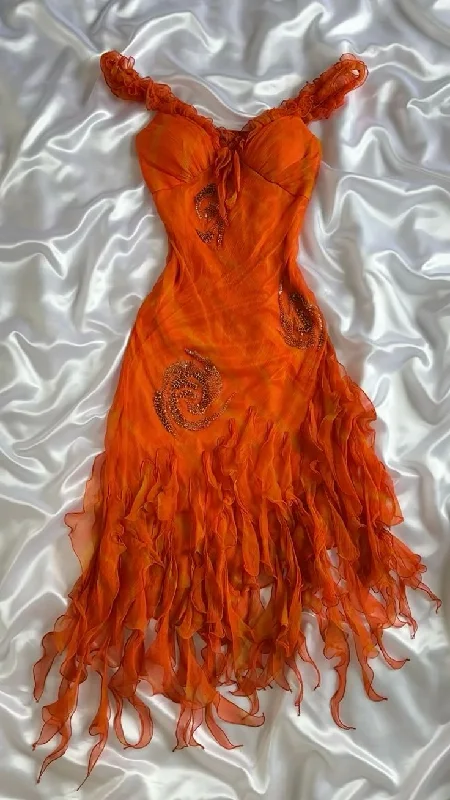 Orange Straps Beading Ruffles Sheath Long Evening Party Dress, DP4079 Tunics Silk luxurious