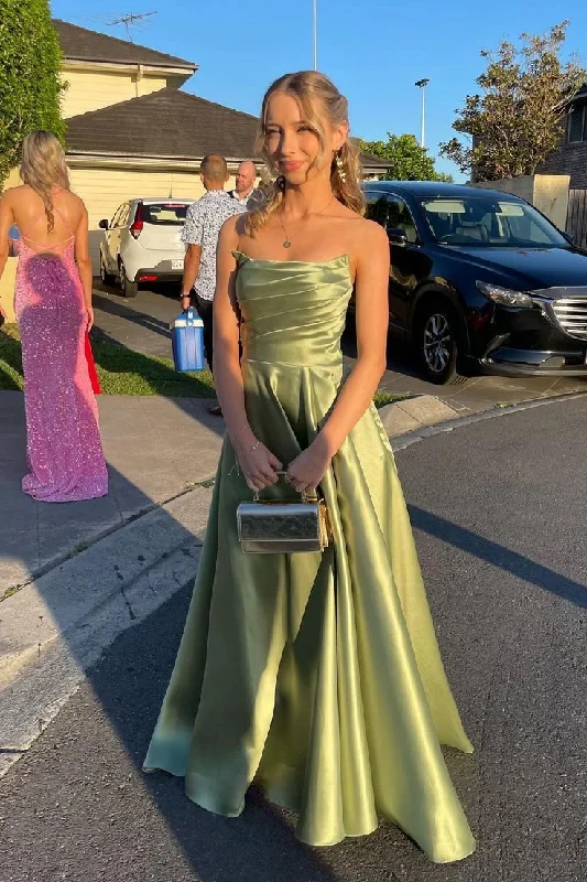 Classy Green Strapless Pleated Party Dress A Line Satin Prom Dress cc1911 Satin Halter Glamorous