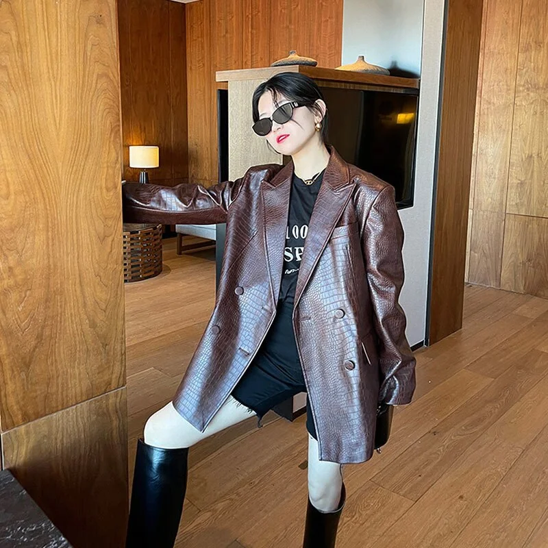 Vintage Brown Crocodile Pattern Faux Leather Blazer Female Casual Loose Motor Biker Jacket Double Breasted Autumn Streetwear Toggled Jacket Drawstring Jacket Belted Jacket