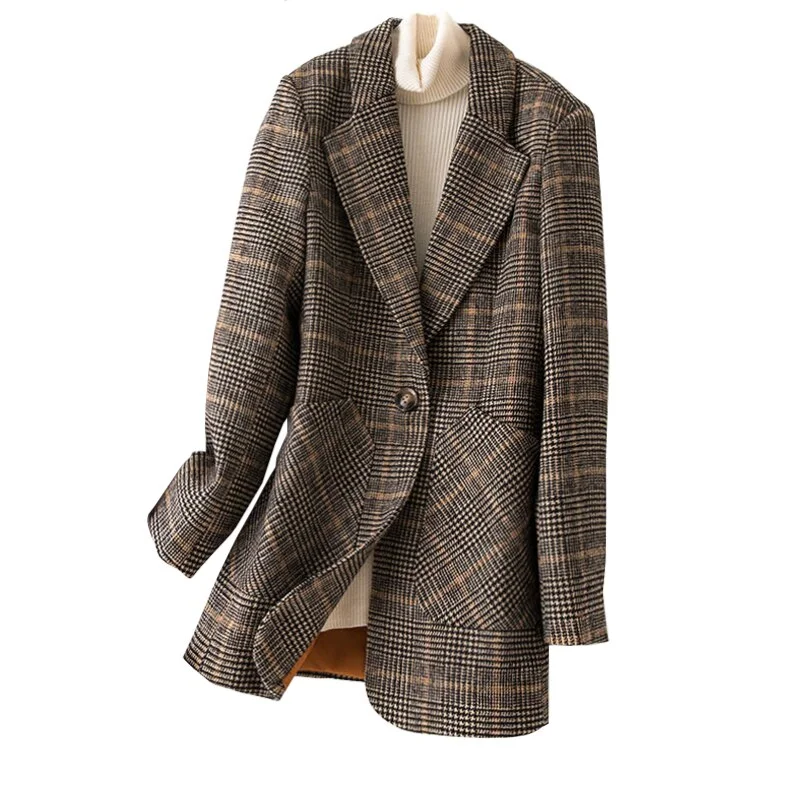 2022 Autumn Winter Plaid Casual Slim Blazers Women Single Breasted Female Outerwear Ladies Jackets Plus Size M-5XL Herringbone Jacket Houndstooth Jacket Plaid Jacket