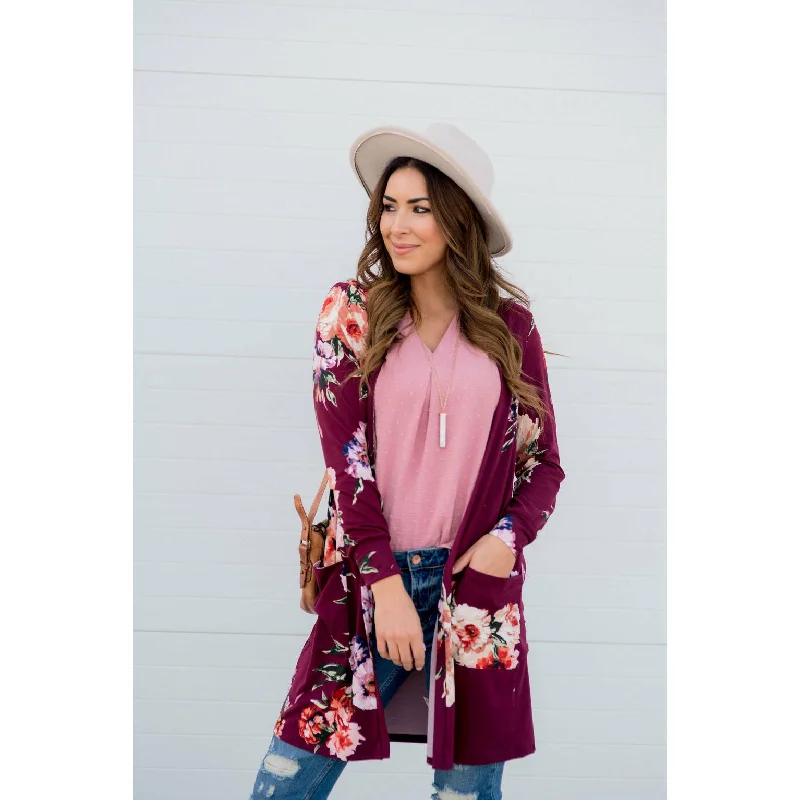Floral Garden Burgundy Tunic Cardigan Open Front Closed Front Wrap Front