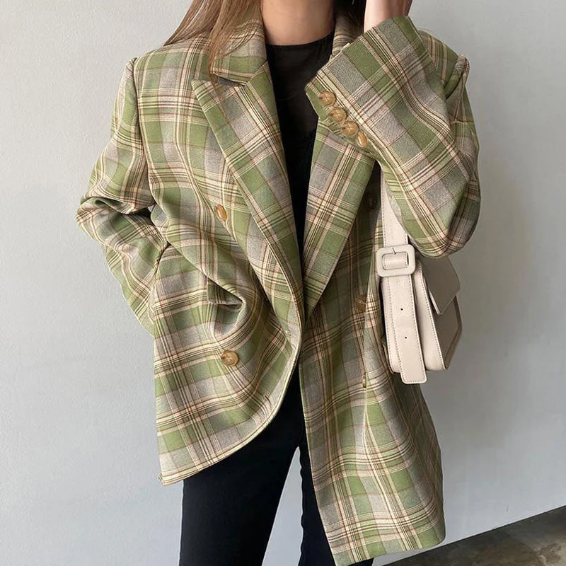 Bella Philosophy Women Spring Double Breasted Check Blazer Vintage Female Pockets Plaid Suits Jacket Casual Street Outwears Wool Fabric Cashmere Fabric Tweed Fabric