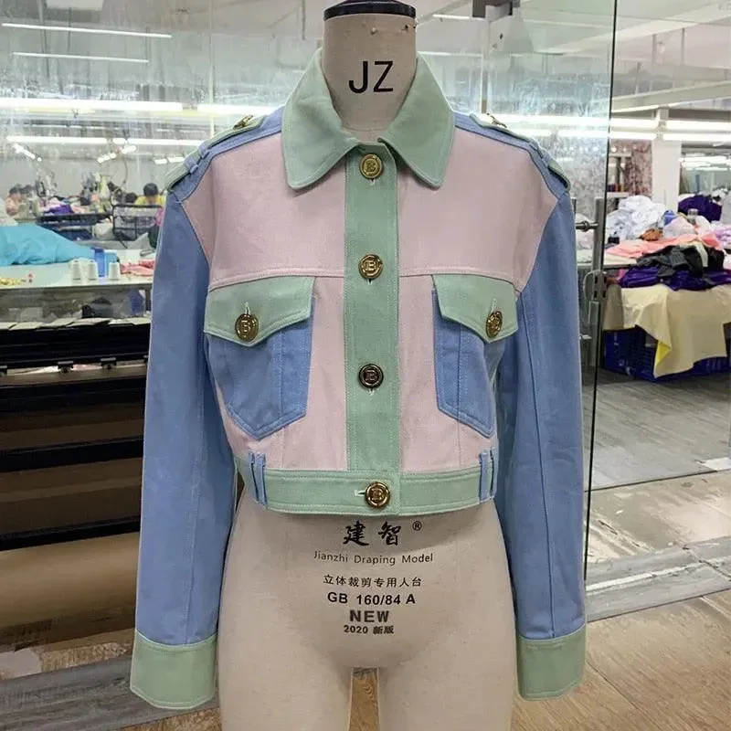 Patchwork Crop Denim Jacket Mesh Jacket Canvas Jacket Denim Jacket
