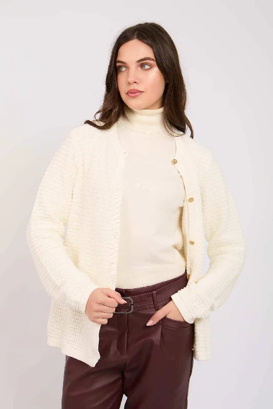Women Regular Fit Cardigan - Sugar Off White Crew Neck V-Neck Turtle Neck