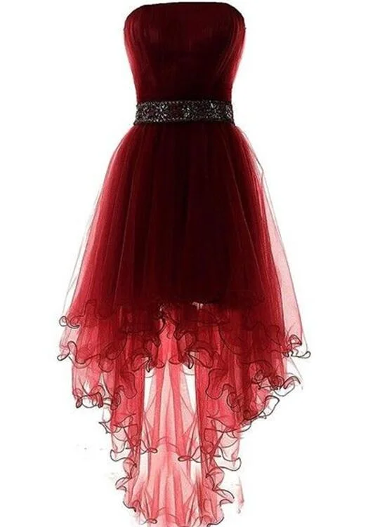 Dark Red High Low Formal Dress with Beaded Belt, High Low Formal Dress, Tulle Party Dresses Tunics Recommended stylist Dark Red High Low Formal Dress with Beaded Belt, High Low Formal Dress, Tulle Party Dresses Tunics Recommended stylist
