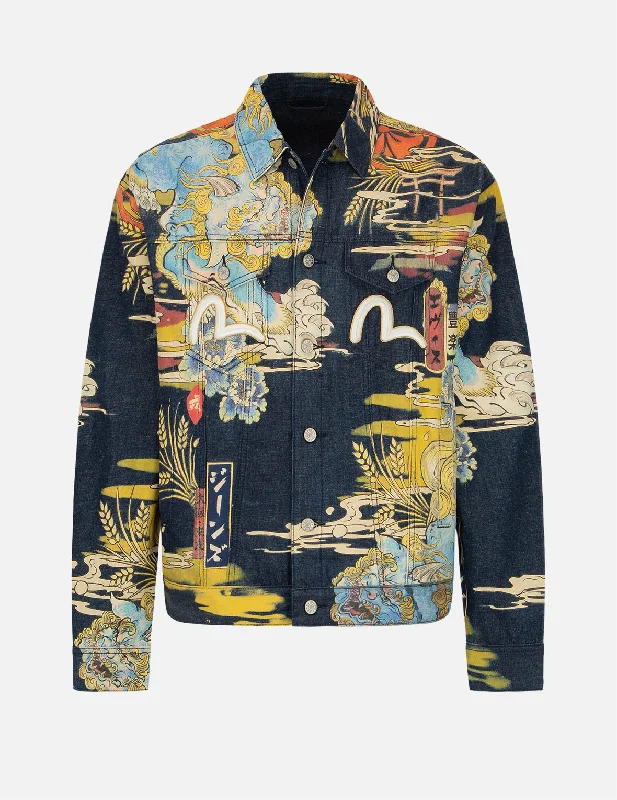 Komainu Vintage Japanese Painting Print Denim Jacket Plaid Jacket Tartan Jacket Houndstooth Jacket