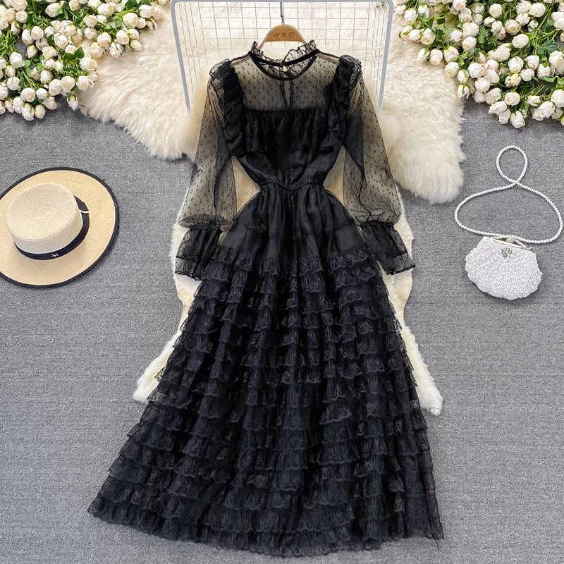 Light extravagant cake skirt stand collar flare sleeve mesh awning skirt  3020 vintage skirt charm