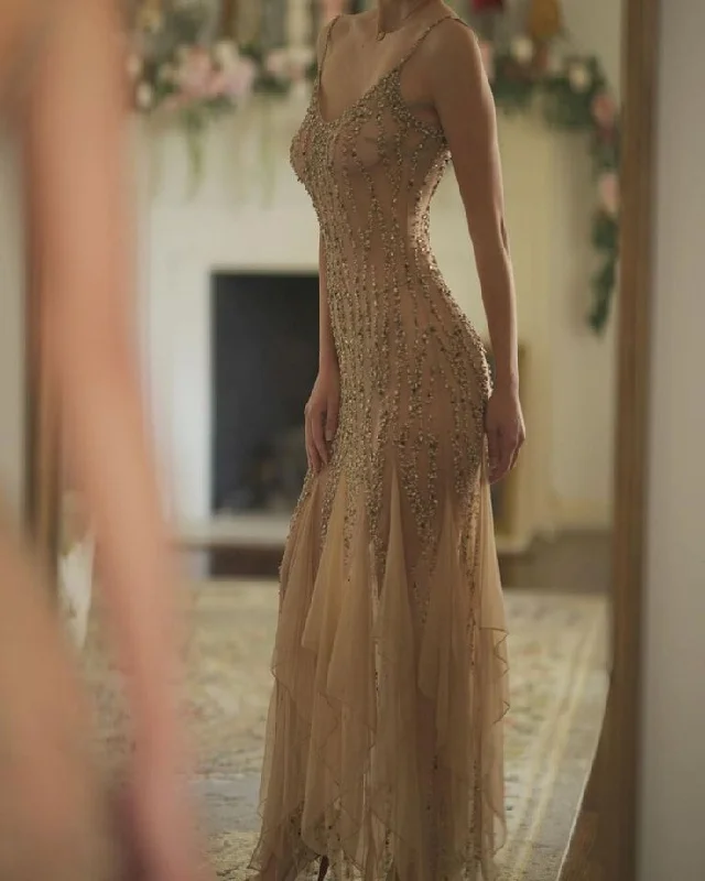 Champagne Straps Beading Ruffles Sheath Sexy Long Party Dress Evening Gown, DP4482 Tunics Velvet soft Champagne Straps Beading Ruffles Sheath Sexy Long Party Dress Evening Gown, DP4482 Tunics Velvet soft